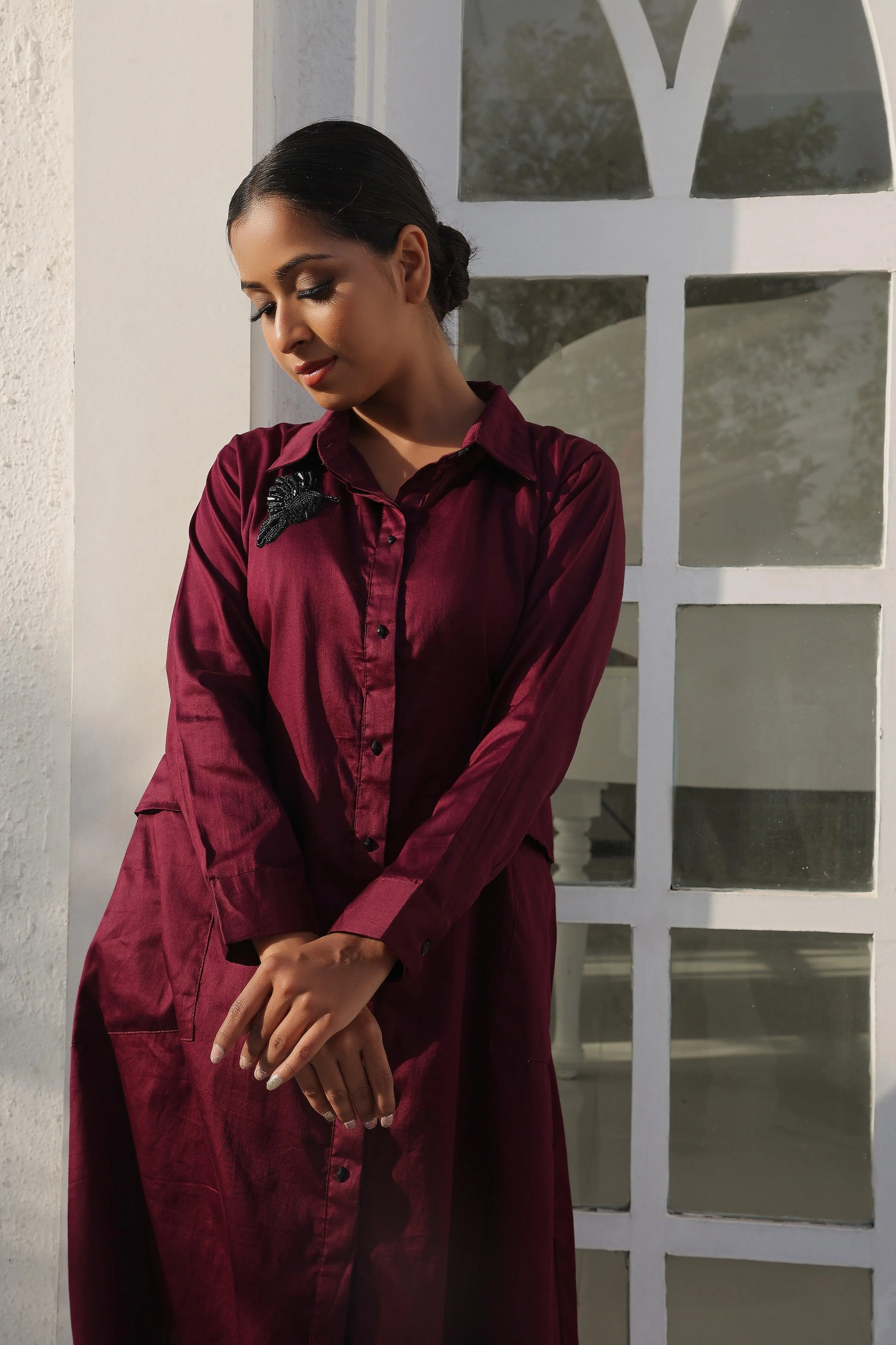 Purple Shirt Dress With Embroidery.