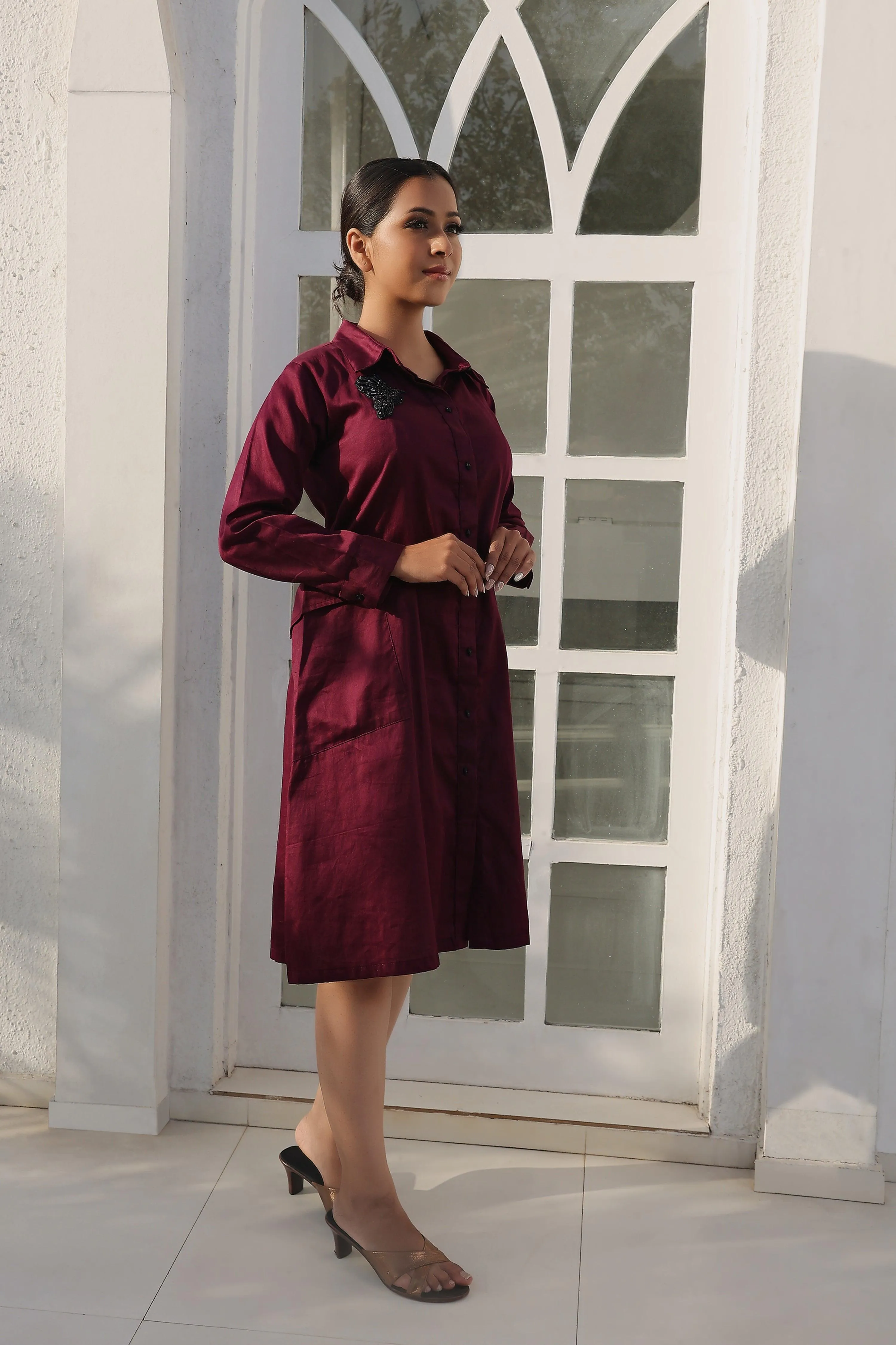 Purple Shirt Dress With Embroidery.