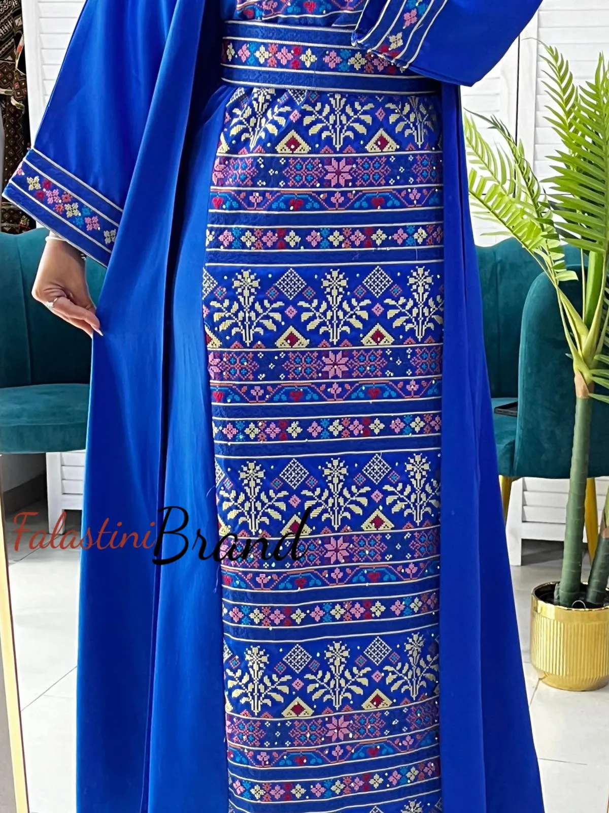 Royal Blue Satin Embroidered Dress and Abaya Set