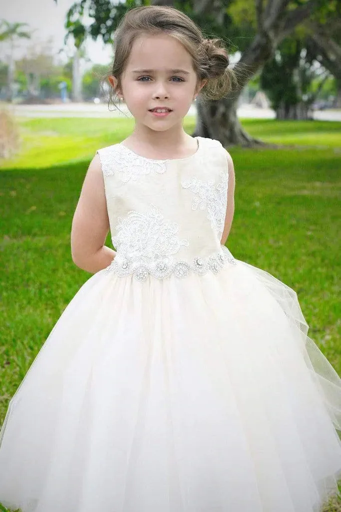 Satin Top Dress with Beaded Applique Tulle Skirt Girl Dress 266IV
