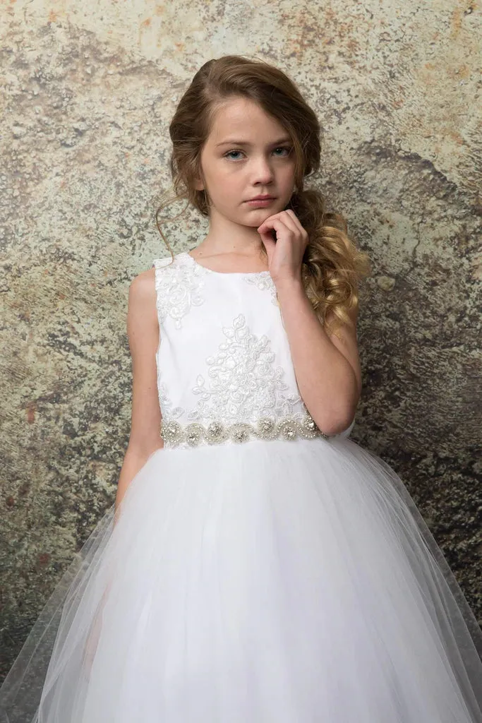 Satin Top Dress with Beaded Applique Tulle Skirt Girl Dress 266IV