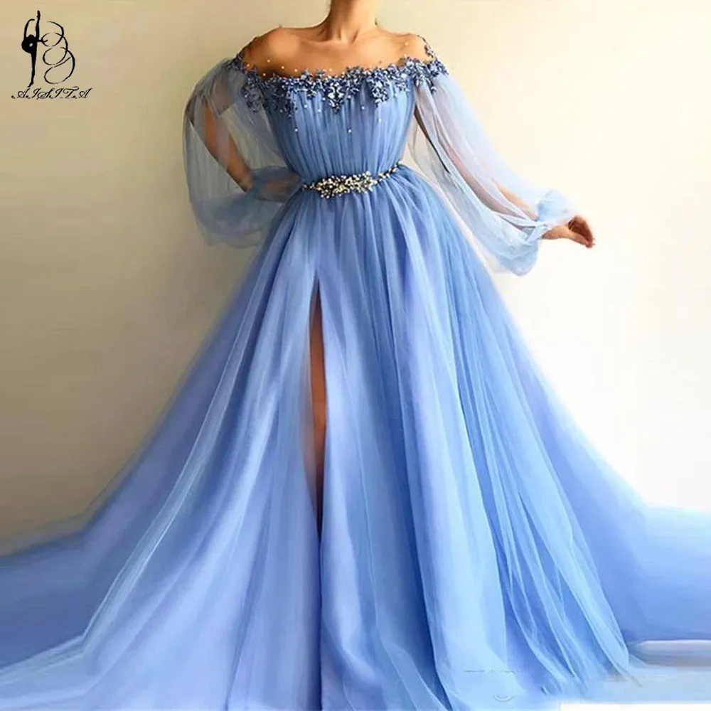 Sexy Slit Chiffon Long Evening Dresses 2022 Women Formal Gowns Lantern Sleeves Prom Gowns For Party Flowers Vestidos De Fiesta