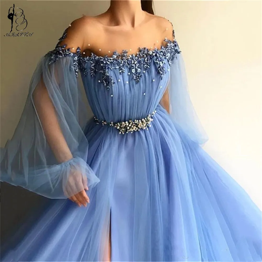 Sexy Slit Chiffon Long Evening Dresses 2022 Women Formal Gowns Lantern Sleeves Prom Gowns For Party Flowers Vestidos De Fiesta