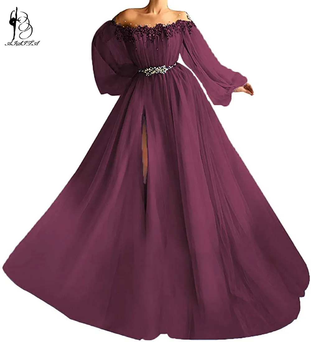 Sexy Slit Chiffon Long Evening Dresses 2022 Women Formal Gowns Lantern Sleeves Prom Gowns For Party Flowers Vestidos De Fiesta