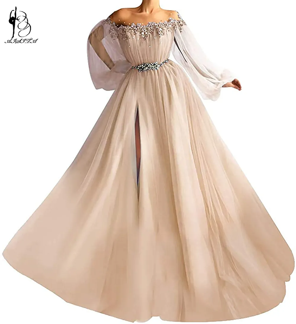 Sexy Slit Chiffon Long Evening Dresses 2022 Women Formal Gowns Lantern Sleeves Prom Gowns For Party Flowers Vestidos De Fiesta