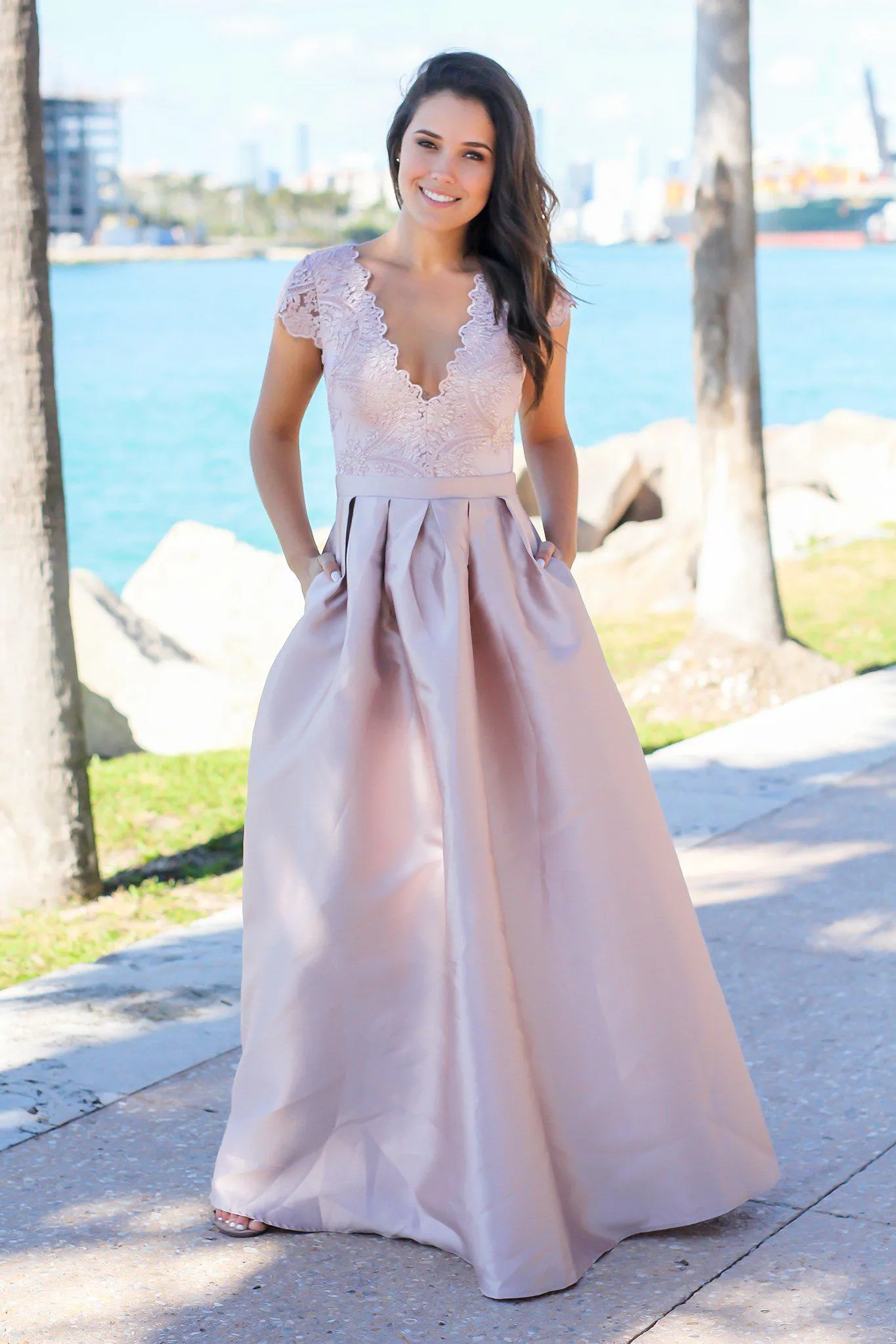 Taupe Maxi Dress with Embroidered Top