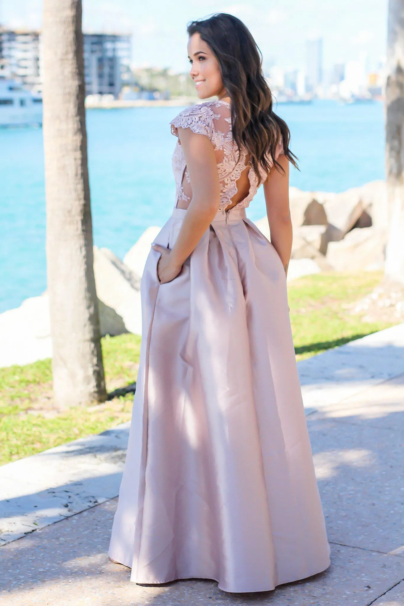 Taupe Maxi Dress with Embroidered Top