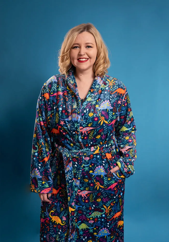 Teal Dinosaur Print Fleece Dressing Gown