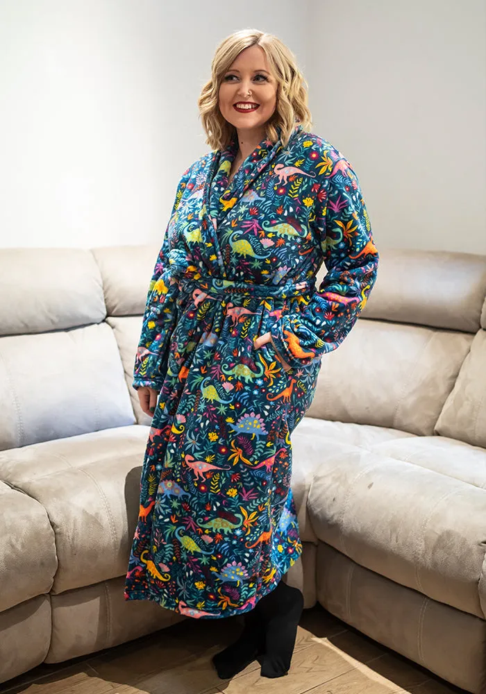 Teal Dinosaur Print Fleece Dressing Gown
