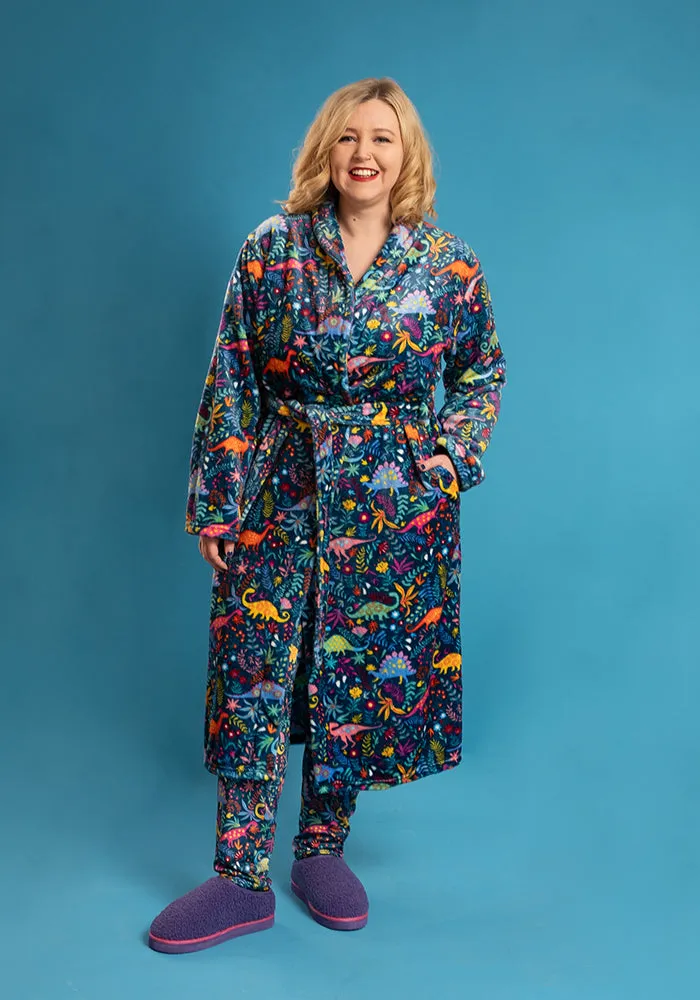 Teal Dinosaur Print Fleece Dressing Gown