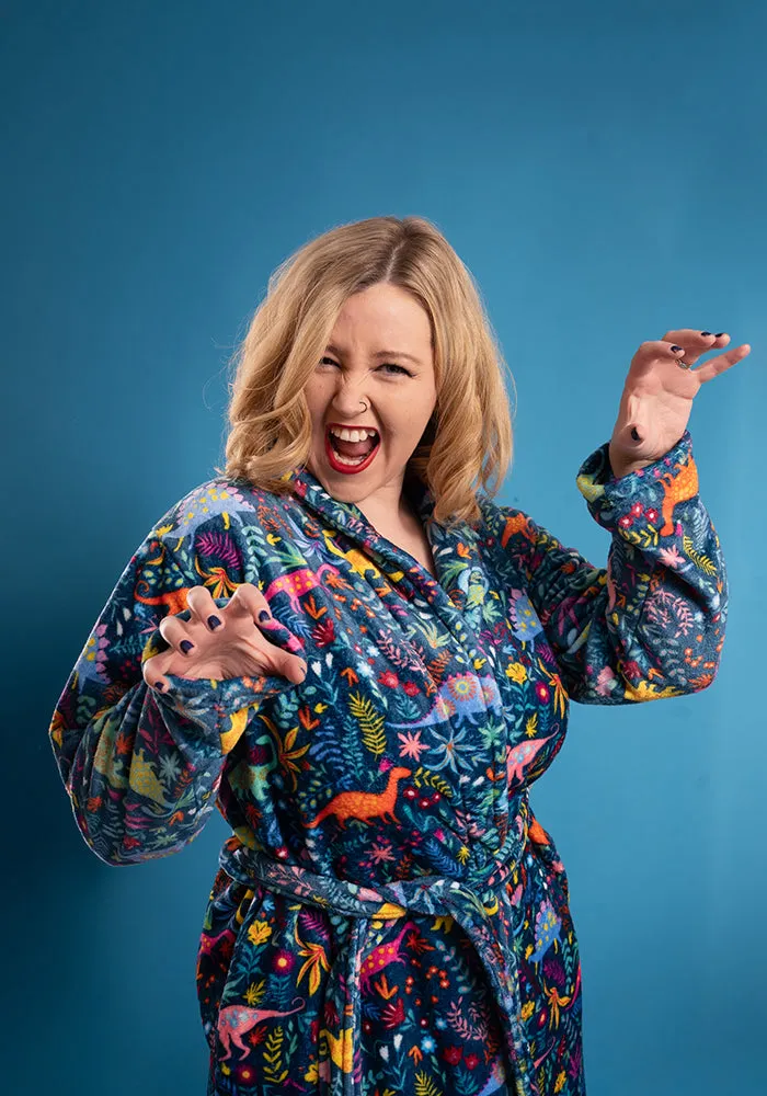Teal Dinosaur Print Fleece Dressing Gown