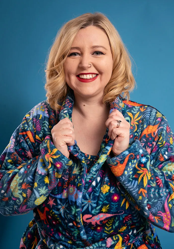 Teal Dinosaur Print Fleece Dressing Gown