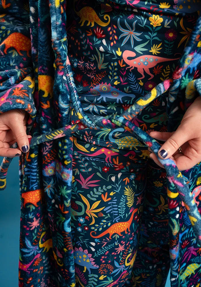 Teal Dinosaur Print Fleece Dressing Gown