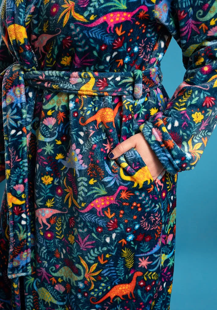Teal Dinosaur Print Fleece Dressing Gown