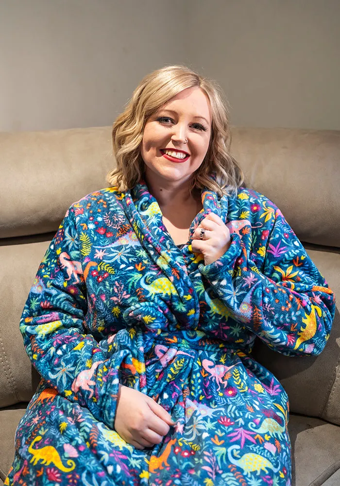 Teal Dinosaur Print Fleece Dressing Gown