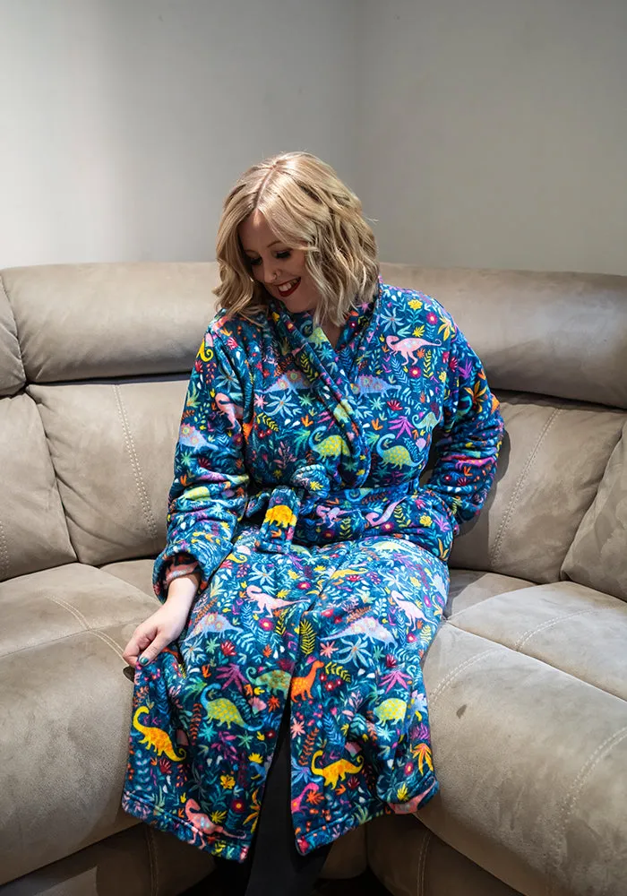 Teal Dinosaur Print Fleece Dressing Gown