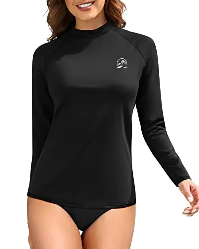 Uv Upf 50  Sun Protection Long Sleeve Swim Shirts For Women-Black