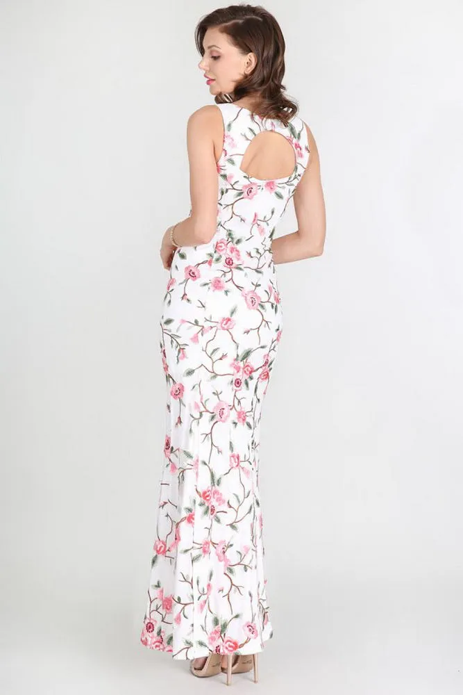 White Coral Floral Embroidered Long Dress