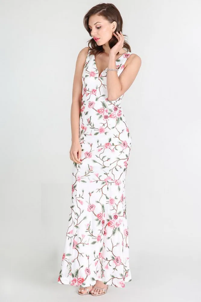 White Coral Floral Embroidered Long Dress