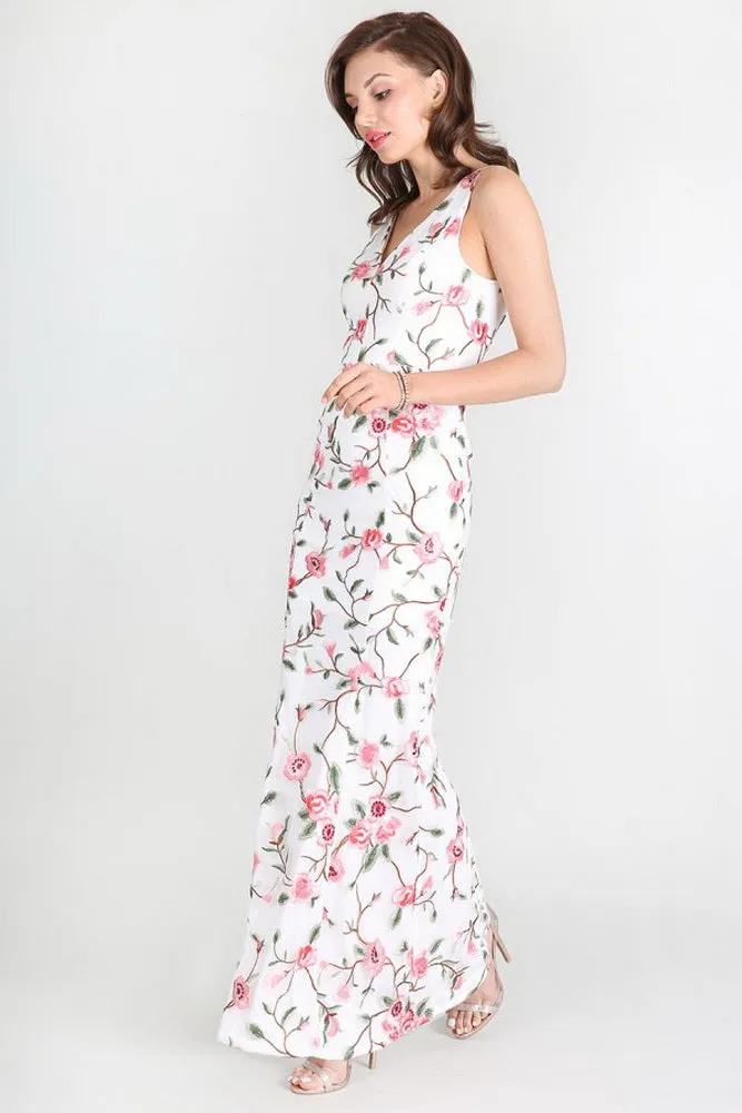 White Coral Floral Embroidered Long Dress