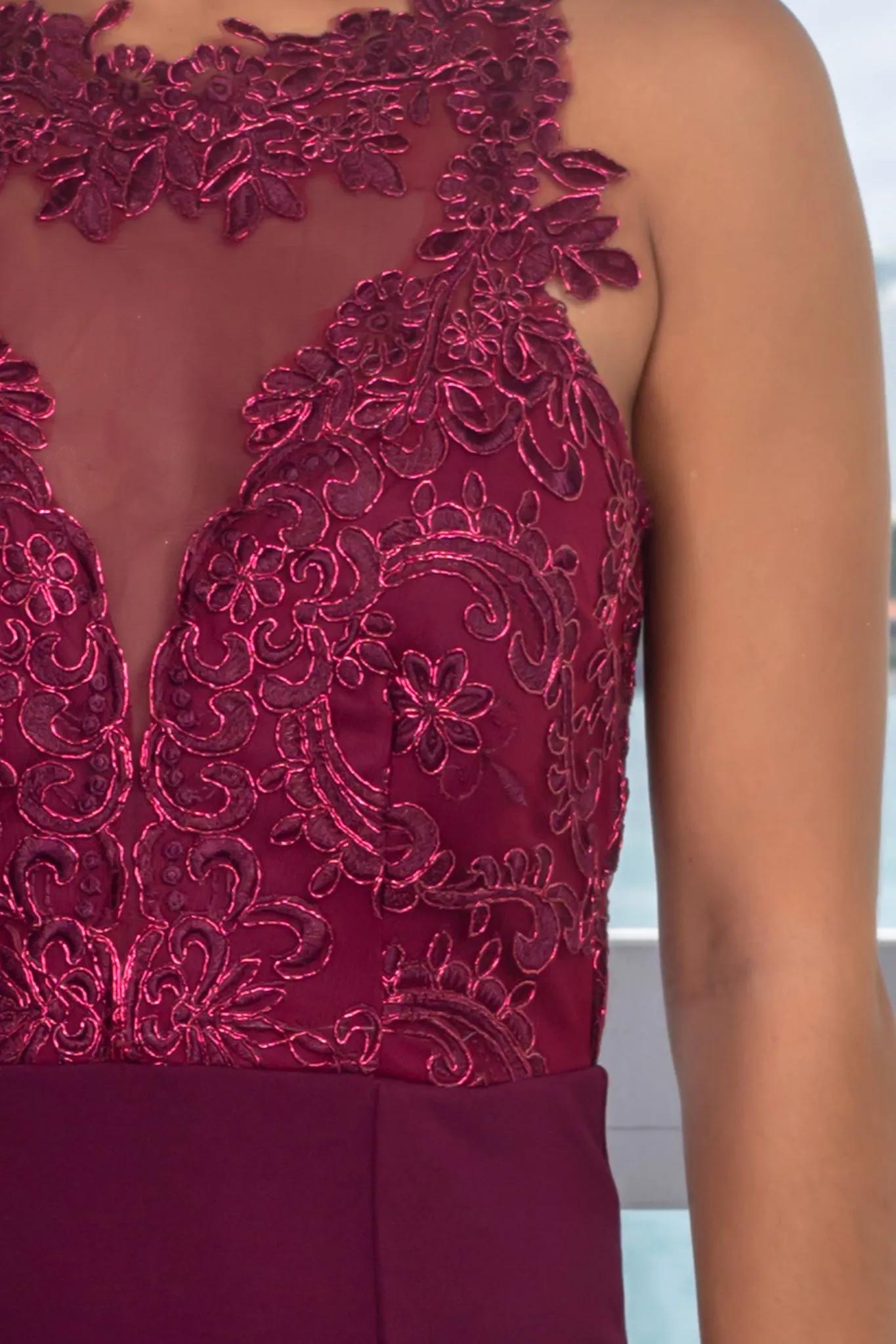 Wine Embroidered Top with Side Slit